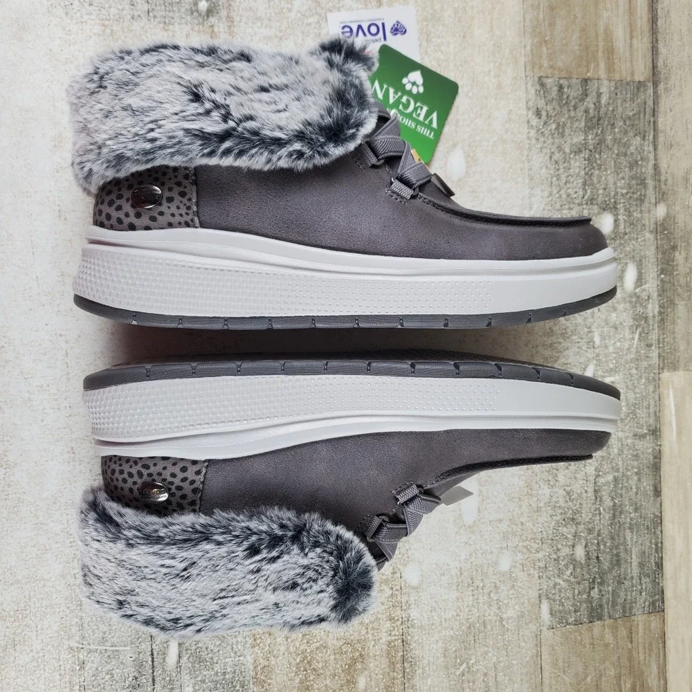 Bobs From Skechers Womens Shoes Sz 7 Charcoal Faux Fur Lining With Cuffed Collar